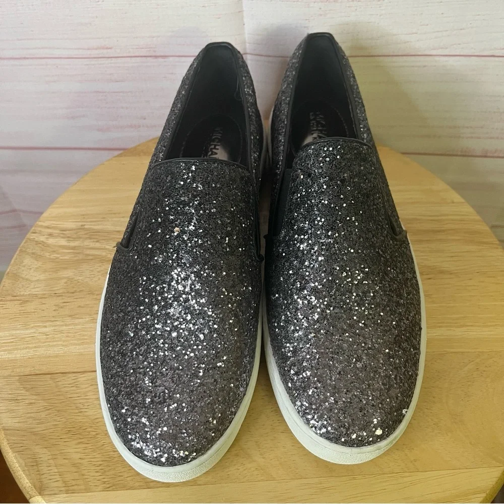 Michael Kors Keaton Black Silver Glitter Metallic Slip On Sneakers Size 7‎